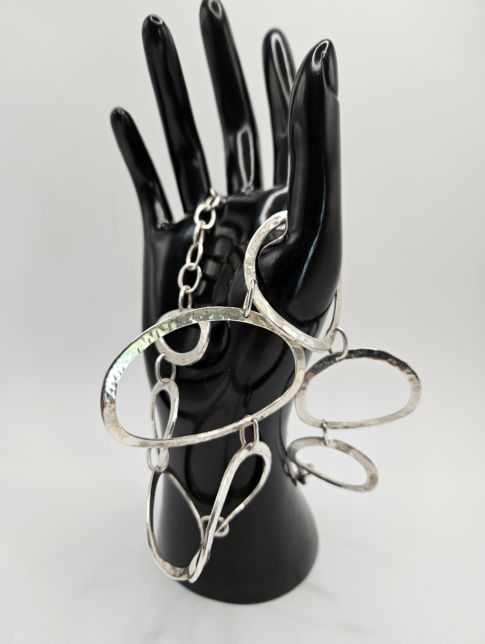 Dramatic Chunky Artisan Vintage 925 Pounded Silver Ovals Link Necklace - Picture 5 of 6